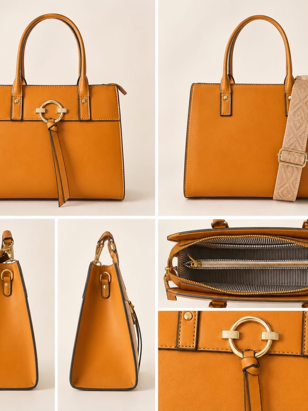Caramel Structured Ring-Accent Shoulder Bag in Cognac